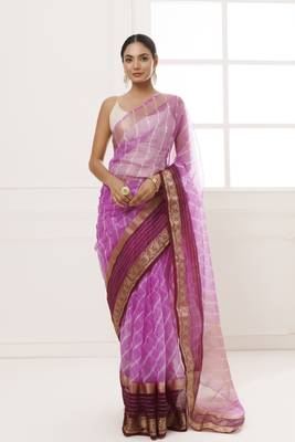   Purple Organza Zari Embellished Hand Dyed Leheriya Saree 1