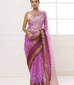 Geroo Jaipur Purple Organza Zari Embellished Hand Dyed Leheriya Saree