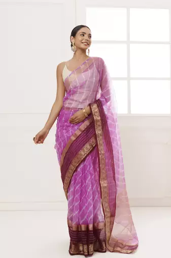   Purple Organza Zari Embellished Hand Dyed Leheriya Saree