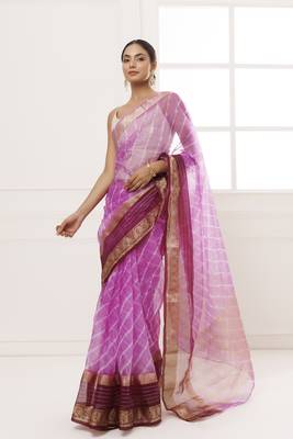  Purple Organza Zari Embellished Hand Dyed Leheriya Saree 4
