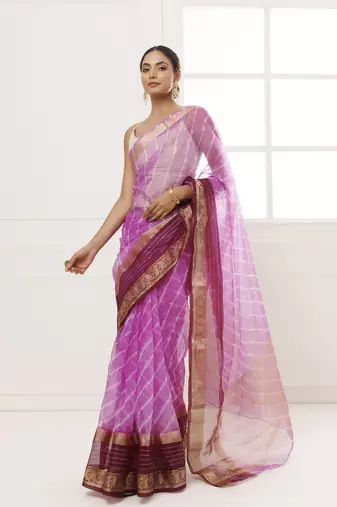   Purple Organza Zari Embellished Hand Dyed Leheriya Saree