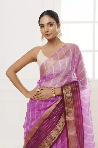   Purple Organza Zari Embellished Hand Dyed Leheriya Saree