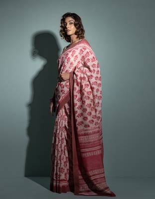   Pink Pure Chanderi Hand Block Printed Ghicha Border Saree 1