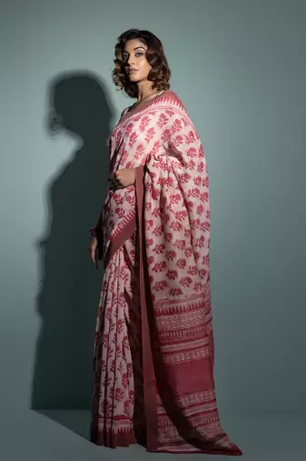 Geroo Jaipur Pink Pure Chanderi Hand Block Printed Ghicha Border Saree