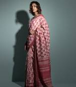 Geroo Jaipur Pink Pure Chanderi Hand Block Printed Ghicha Border Saree