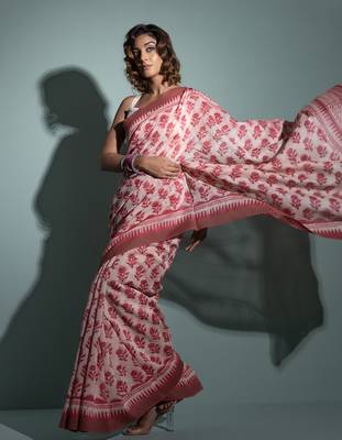   Pink Pure Chanderi Hand Block Printed Ghicha Border Saree 2