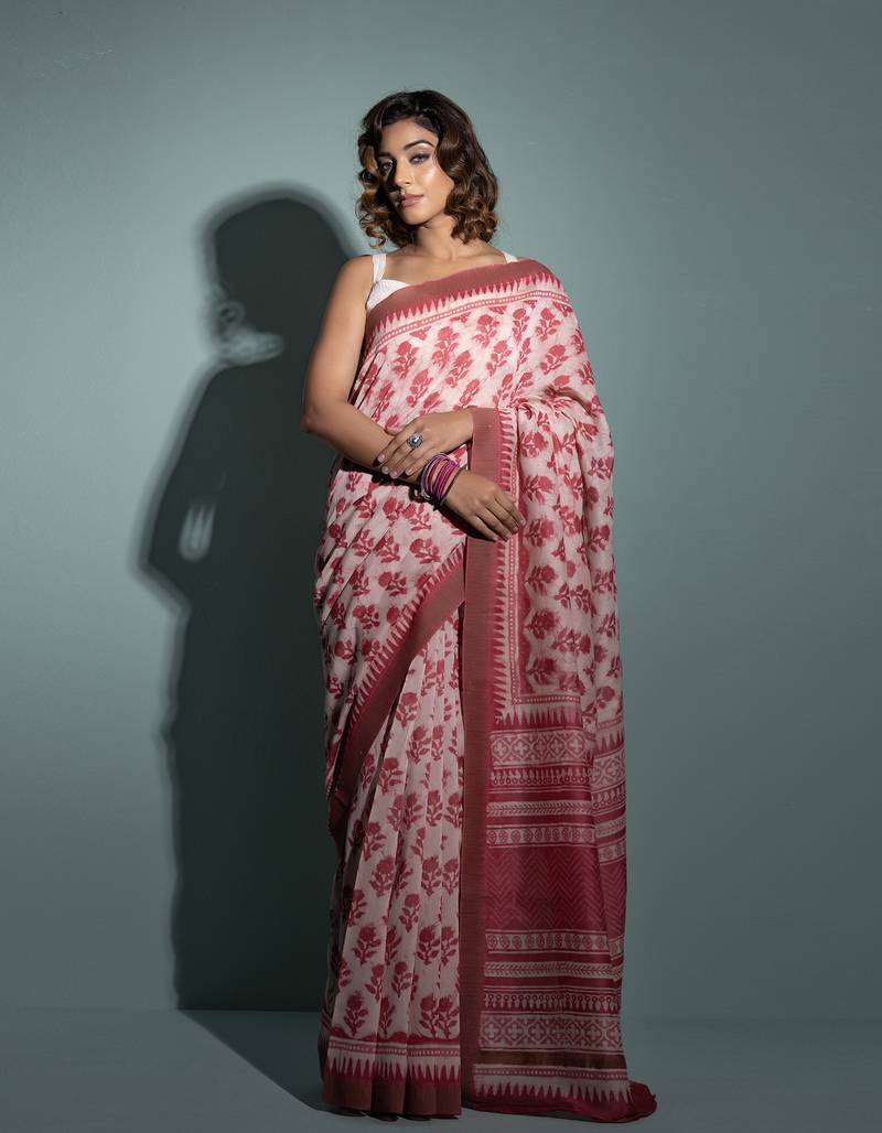 Geroo Jaipur Pink Pure Chanderi Hand Block Printed Ghicha Border Saree