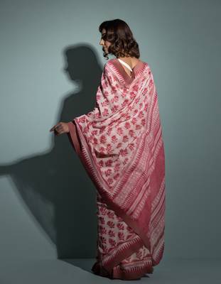   Pink Pure Chanderi Hand Block Printed Ghicha Border Saree 4