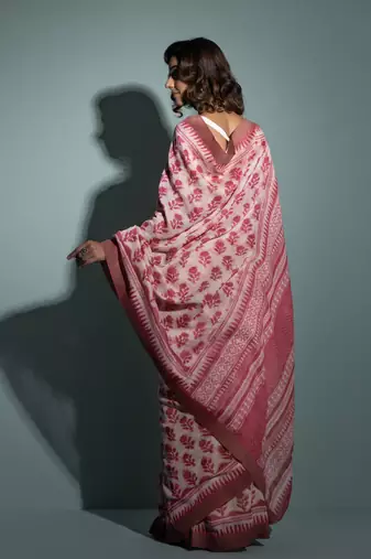   Pink Pure Chanderi Hand Block Printed Ghicha Border Saree