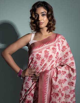   Pink Pure Chanderi Hand Block Printed Ghicha Border Saree 5