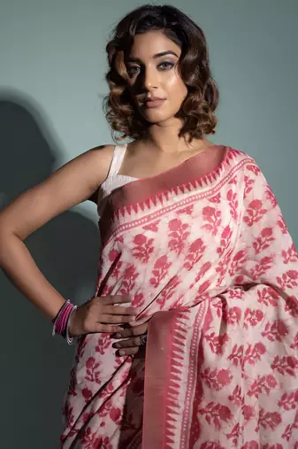   Pink Pure Chanderi Hand Block Printed Ghicha Border Saree