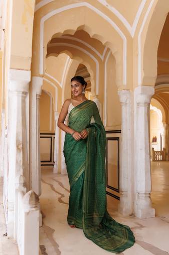 Geroo Jaipur Green Pure Kota Silk Hand Block Printed Saree
