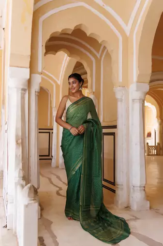 Geroo Jaipur Green Pure Kota Silk Hand Block Printed Saree