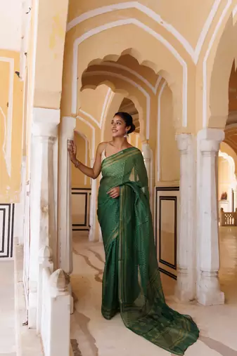  Green Pure Kota Silk Hand Block Printed Saree