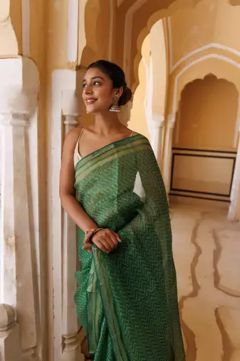   Green Pure Kota Silk Hand Block Printed Saree
