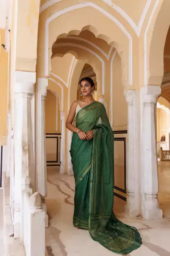   Green Pure Kota Silk Hand Block Printed Saree