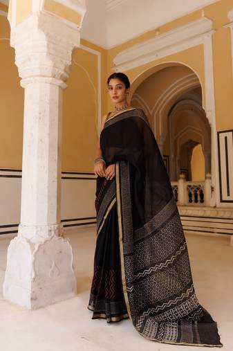 Geroo Jaipur Black-Red Pure Kota Silk Hand Block Printed Saree