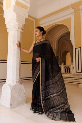   Black Red Pure Kota Silk Hand Block Printed Saree 2