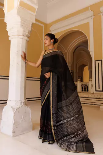   Black Red Pure Kota Silk Hand Block Printed Saree