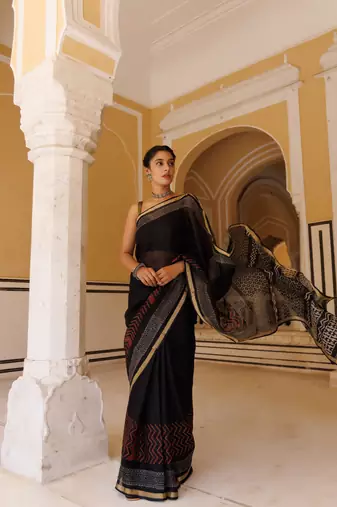   Black Red Pure Kota Silk Hand Block Printed Saree