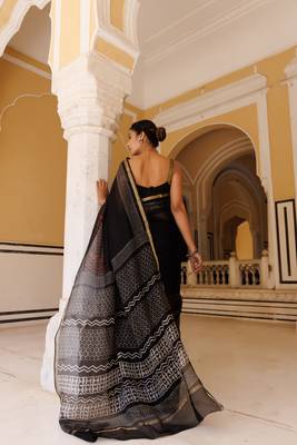   Black Red Pure Kota Silk Hand Block Printed Saree 4