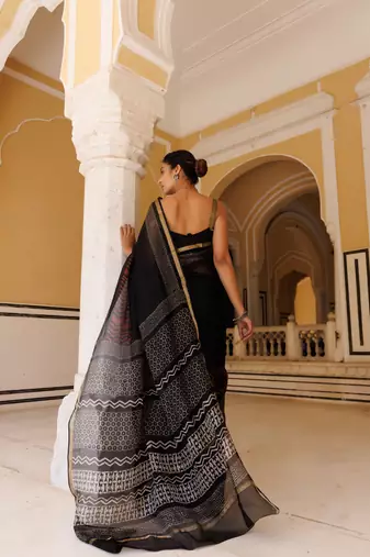   Black Red Pure Kota Silk Hand Block Printed Saree