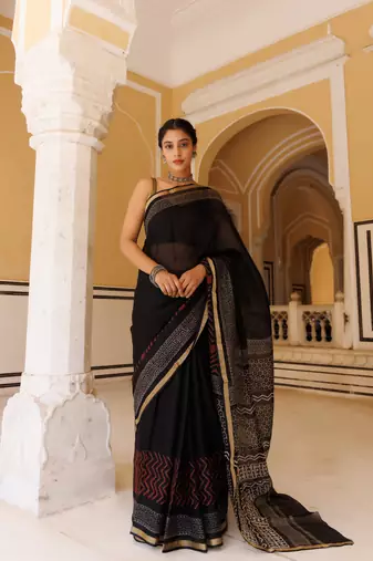   Black Red Pure Kota Silk Hand Block Printed Saree