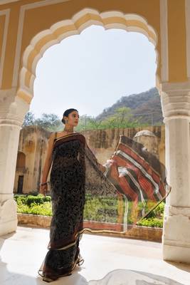   Red Black Pure Kota Silk Hand Block Printed Saree 1