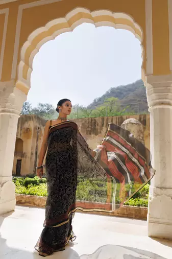 Geroo Jaipur Red-Black Pure Kota Silk Hand Block Printed Saree