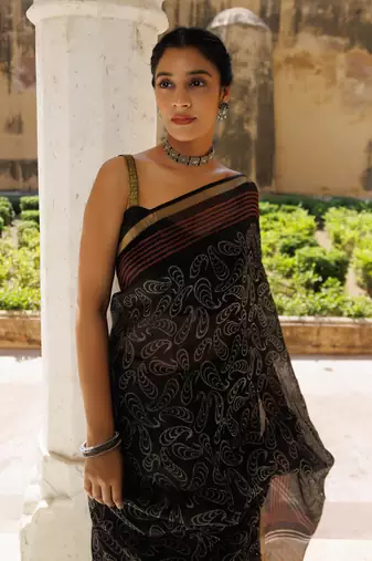   Red Black Pure Kota Silk Hand Block Printed Saree