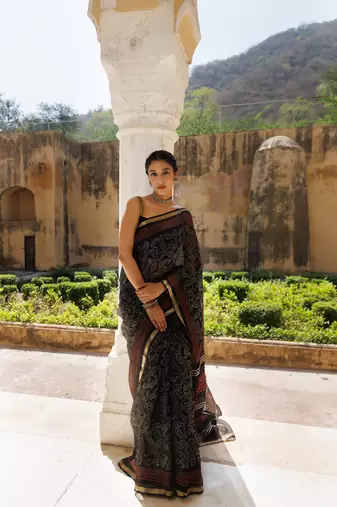   Red Black Pure Kota Silk Hand Block Printed Saree