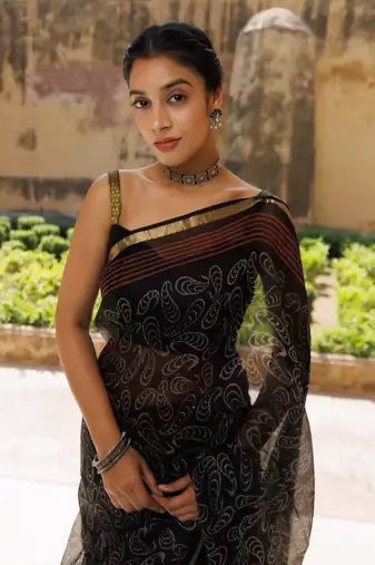   Red Black Pure Kota Silk Hand Block Printed Saree