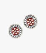 Silver-plated red oxidised stone and white pearls circular studs