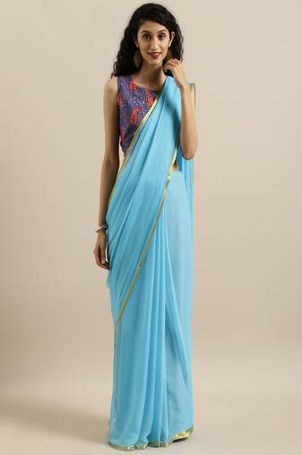   Sky Blue Hand Dyed Chiffon Saree With Hand Block Printed Blouse