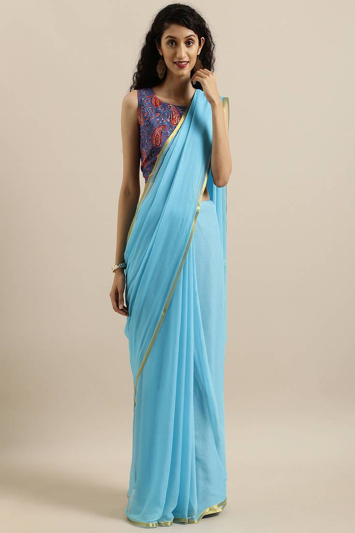 Geroo Jaipur Sky Blue Hand-Dyed Chiffon Saree With Hand Block Printed Blouse