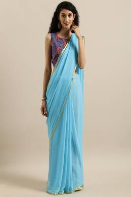   Sky Blue Hand Dyed Chiffon Saree With Hand Block Printed Blouse 1