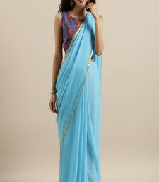   Sky Blue Hand Dyed Chiffon Saree With Hand Block Printed Blouse