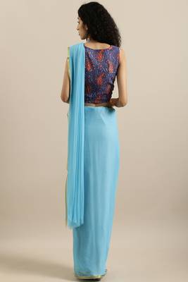   Sky Blue Hand Dyed Chiffon Saree With Hand Block Printed Blouse 2