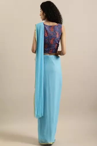   Sky Blue Hand Dyed Chiffon Saree With Hand Block Printed Blouse