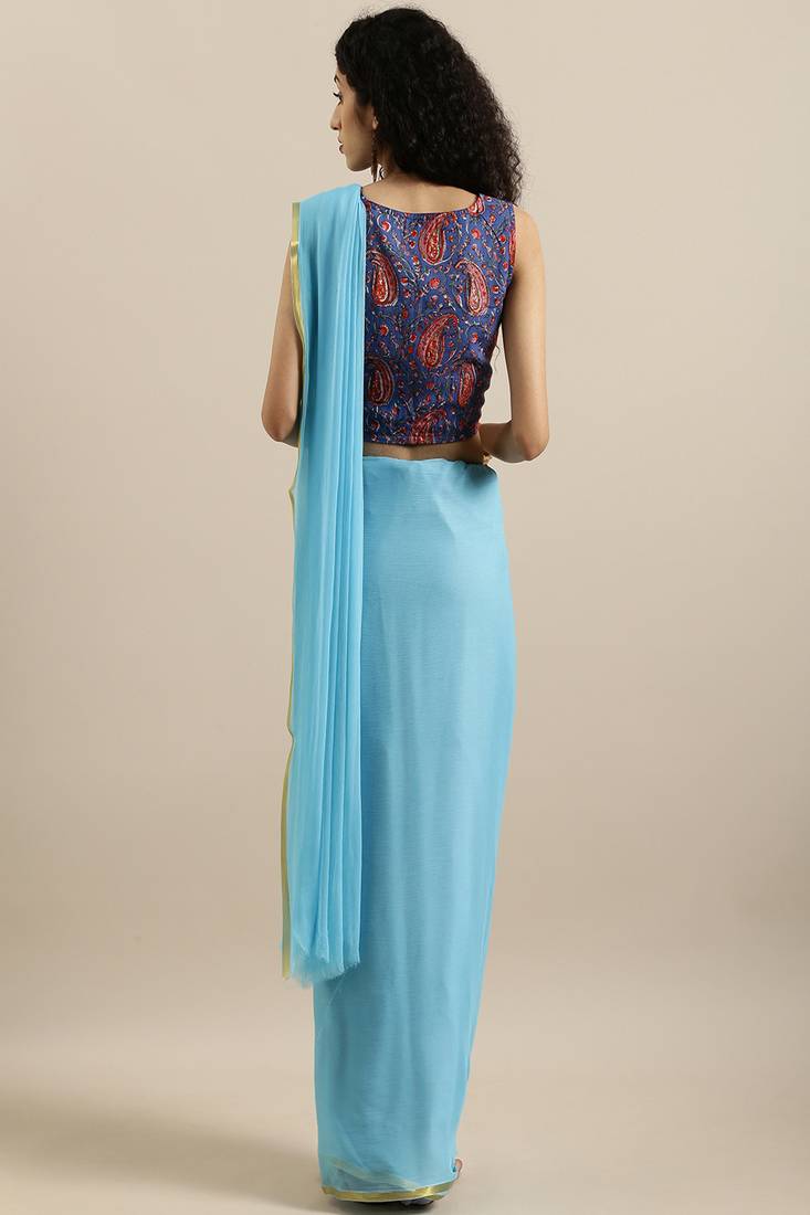 Geroo Jaipur Sky Blue Hand-Dyed Chiffon Saree With Hand Block Printed Blouse