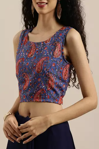   Sky Blue Hand Dyed Chiffon Saree With Hand Block Printed Blouse