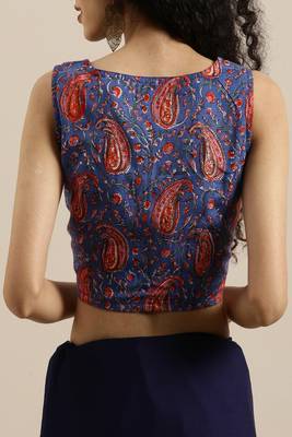   Sky Blue Hand Dyed Chiffon Saree With Hand Block Printed Blouse 6