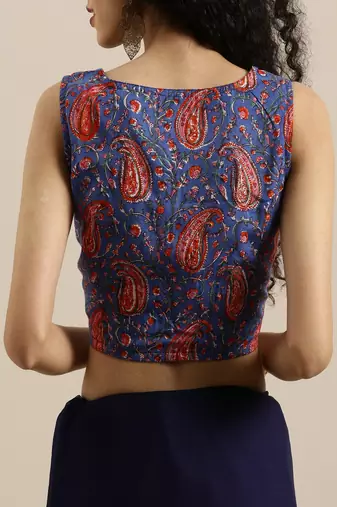   Sky Blue Hand Dyed Chiffon Saree With Hand Block Printed Blouse
