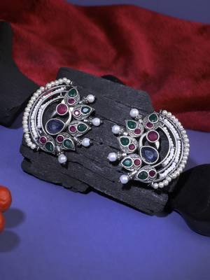 Oxidised multi-color stone-studded pearl-beaded studs 1