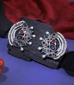 Oxidised multi-color stone-studded pearl-beaded studs