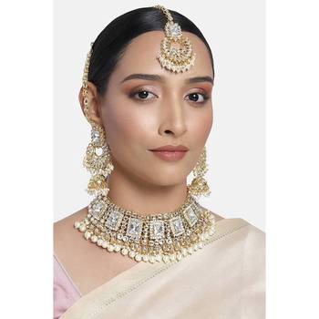 Traditional Handcrafted Faux Kundan & Pearl Studded Bridal Necklace Set With Earrings & Maang Tikka 1