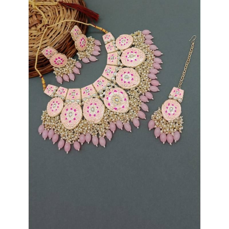 Gold-plated kundan-studded & beaded jewellery set