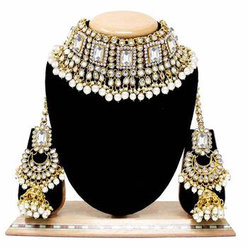 Traditional Handcrafted Faux Kundan & Pearl Studded Bridal Necklace Set With Earrings & Maang Tikka 3