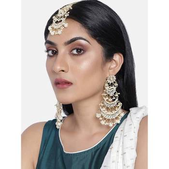 Gold Plated 3 Layered Pearl Kundan Chandbali Earrings With Maang Tikka For Women 1