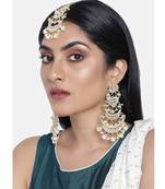 Gold Plated 3 Layered Pearl Kundan Chandbali Earrings With Maang Tikka For Women